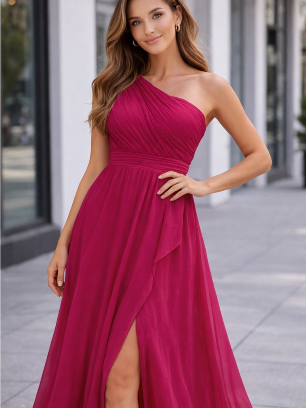 One-Shoulder Magenta Evening Dress